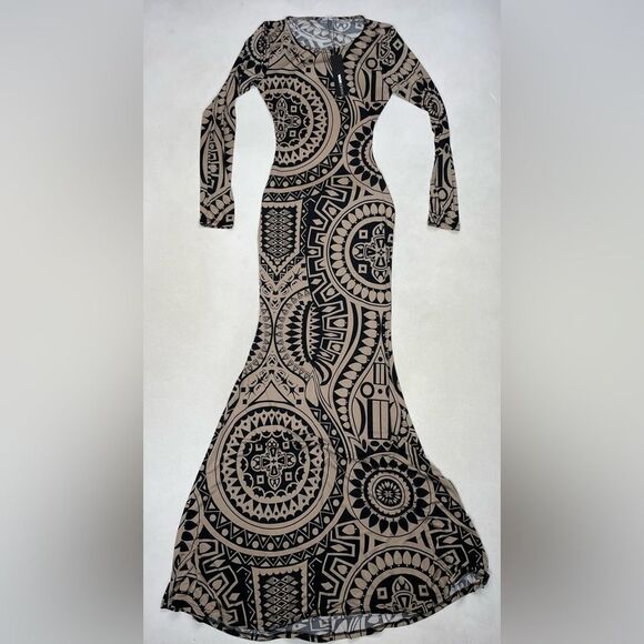 Fashion Nova Eliza Maxi Dress Women Medium Beige Pattern Stretch NWT - Picture 1 of 8